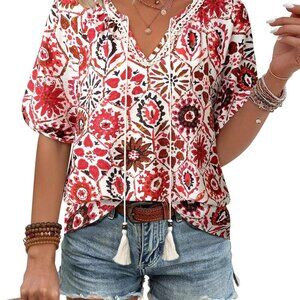 Womens Summer Boho Tops Casual V Neck Short Sleeve Blouses Floral Print Shirt Ti